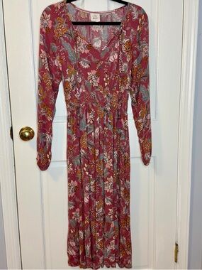 Knox Rose Mauve Floral Boho Prairie Maxi Dress with Side Pockets, Size XS